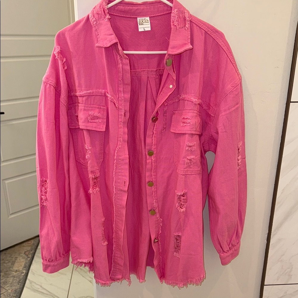 Pink Distressed Denim Jacket
